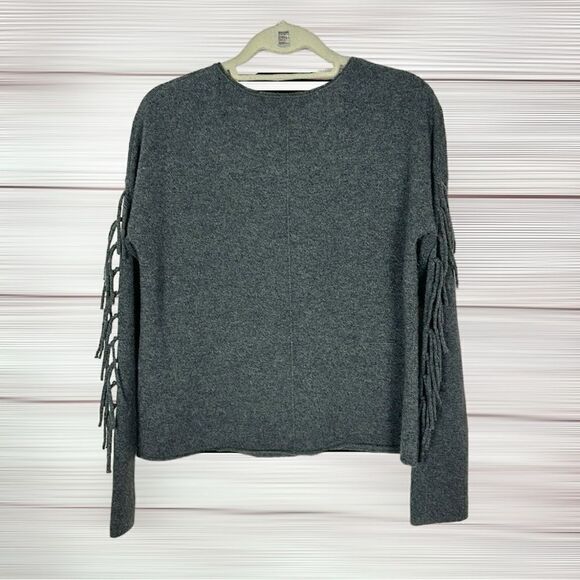 RAFFI Cashmere V-Neck Fringe Sleeve Boho Sweater Iron Gray Short Boxy Style M - Picture 8 of 10
